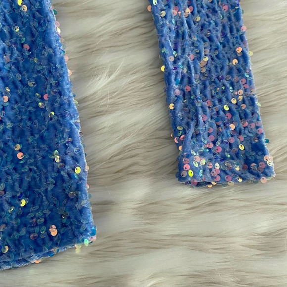 Lucy in the Sky Blue Sequins Velvet Off Shoulder Long Sleeve Bodycon Mini Dress - Picture 9 of 16